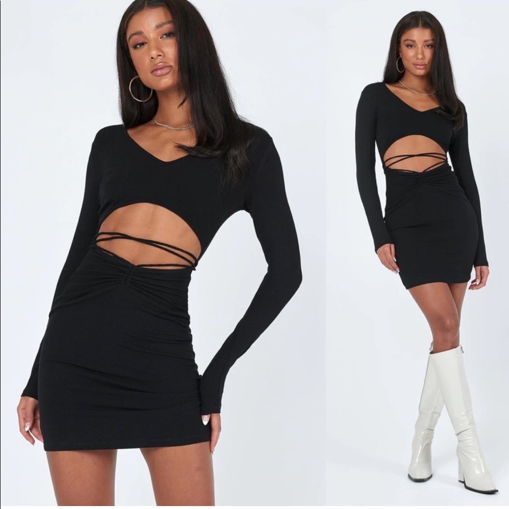 Princess Polly Noa Black Long Sleeve Ribbed Cut Out Criss Cross Tie Mini Dress